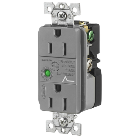 HUBBELL WIRING DEVICE-KELLEMS TVSS Duplex Receptacle with Light and Alarm, 15A 125V, 5-15R, Gray HBL5262GYSA